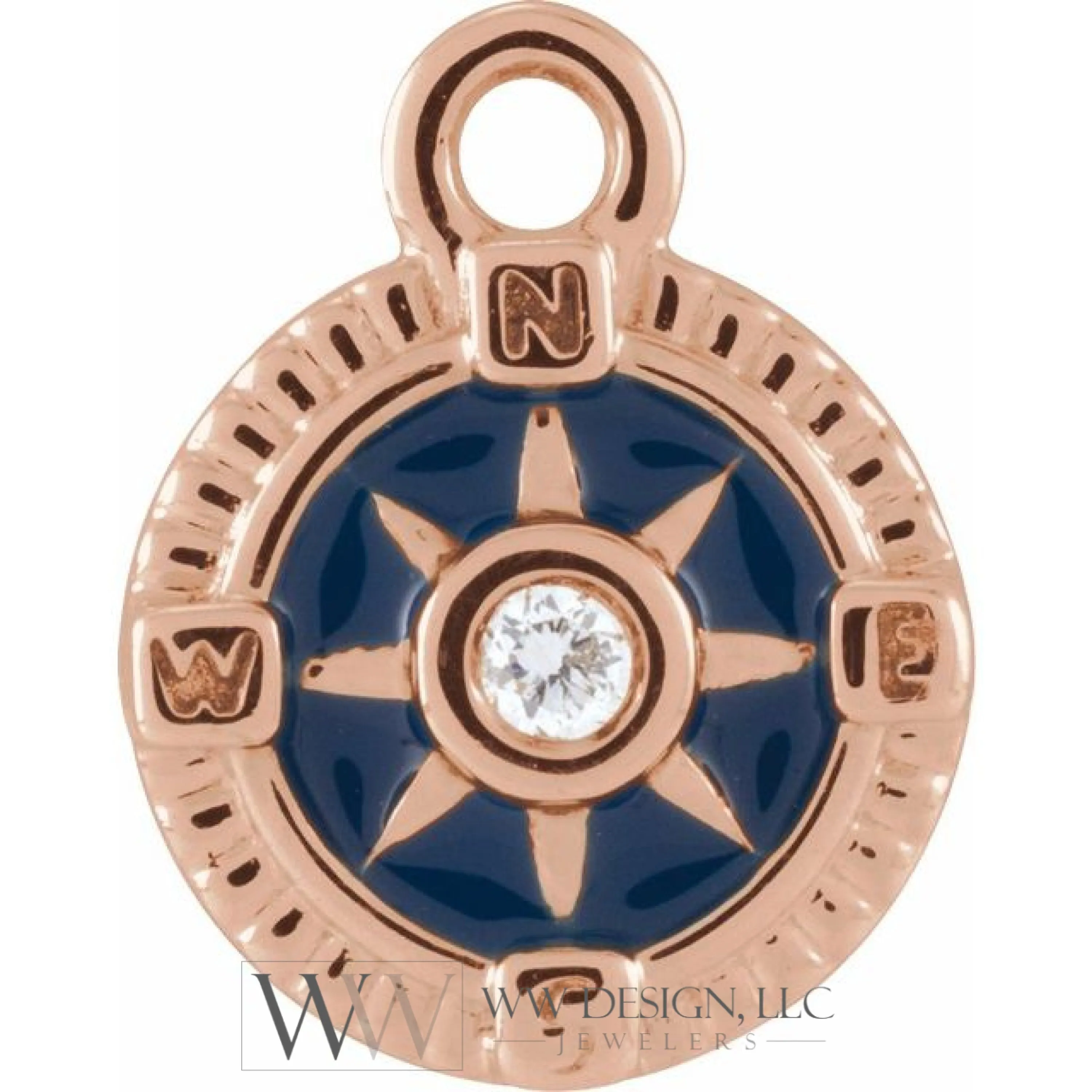 .01 CT Natural Diamond Blue Enamel Compass Dangle Charm - 14k Gold (Y, W, R)