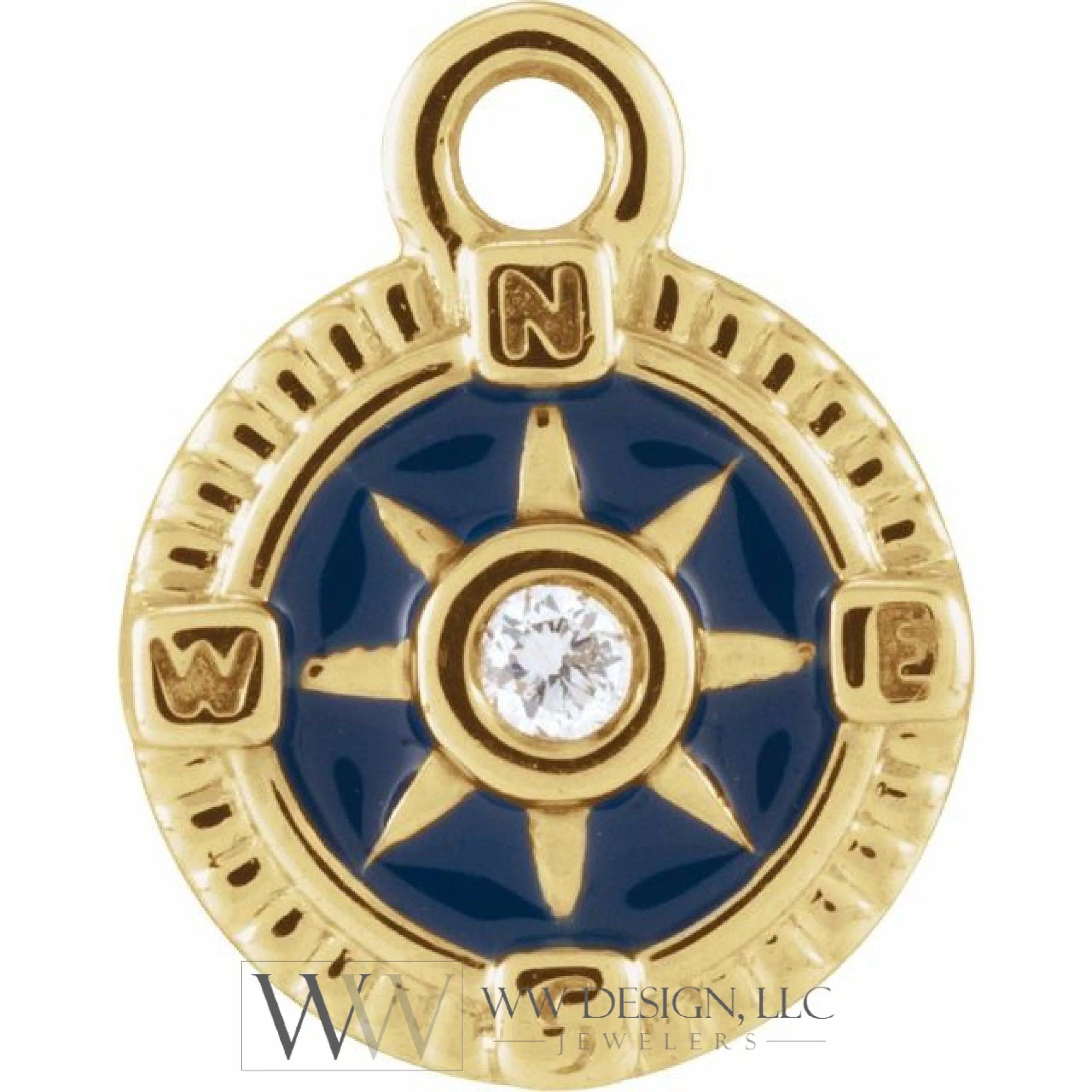 .01 CT Natural Diamond Blue Enamel Compass Dangle Charm - 14k Gold (Y, W, R)