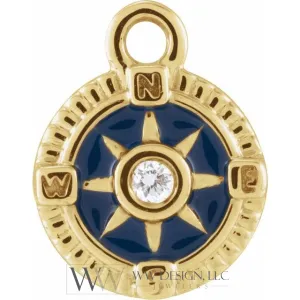 .01 CT Natural Diamond Blue Enamel Compass Dangle Charm - 14k Gold (Y, W, R)