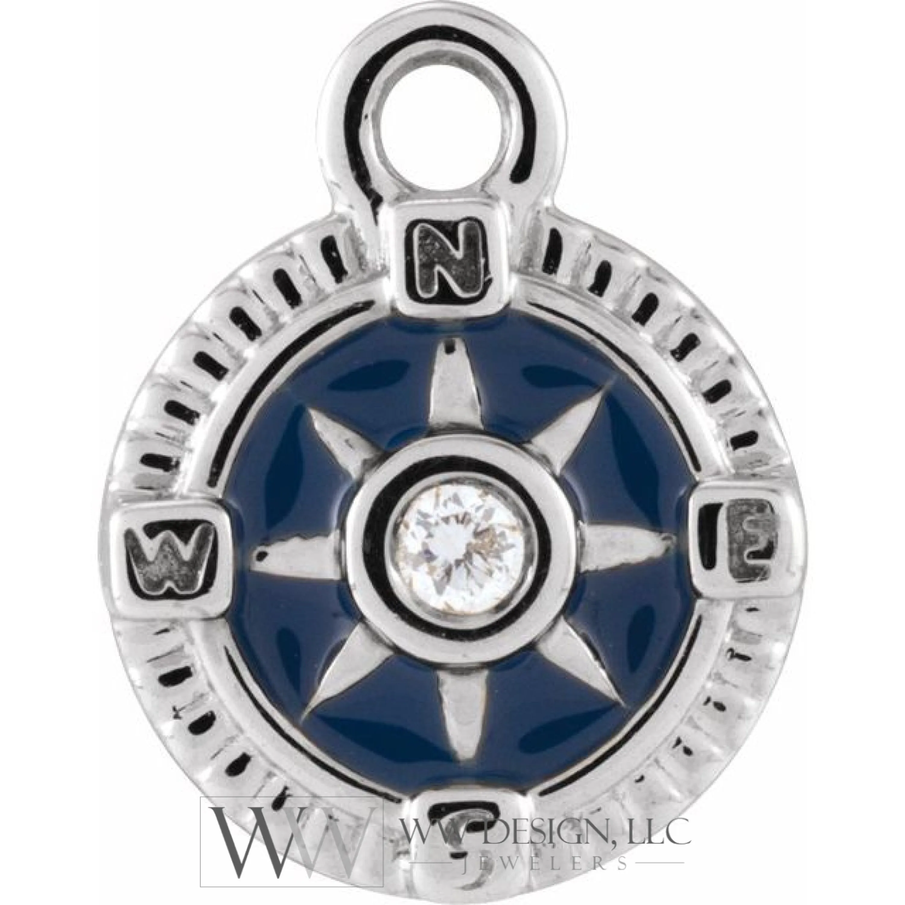.01 CT Natural Diamond Blue Enamel Compass Dangle Charm - 14k Gold (Y, W, R)
