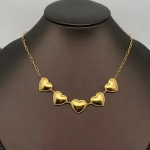 5 Glossy Heart Linked 18K Gold Plated Stainless Steel Necklace)