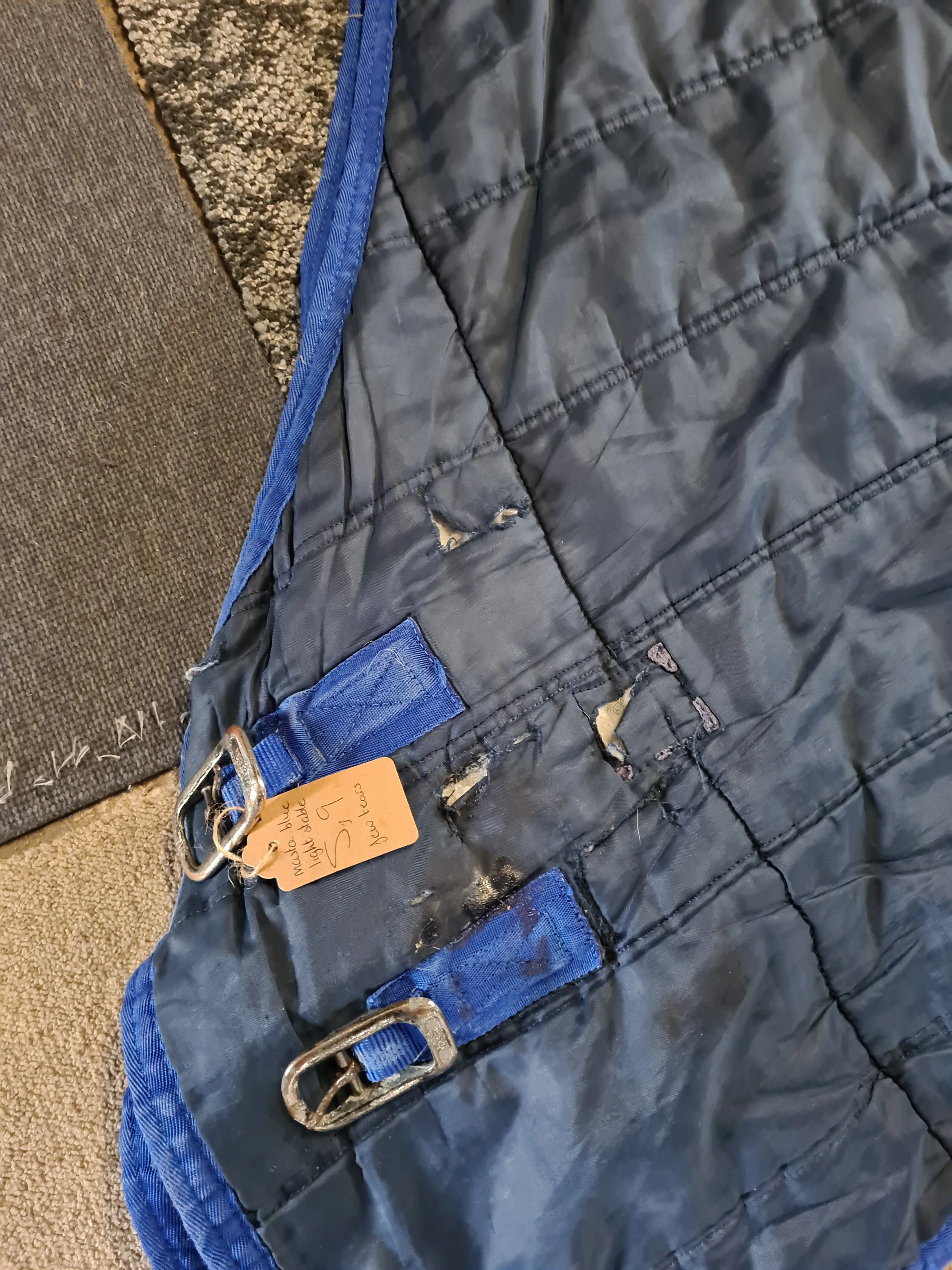 5'9 masta black and blue med stable rug, few tears and repairs as pictured