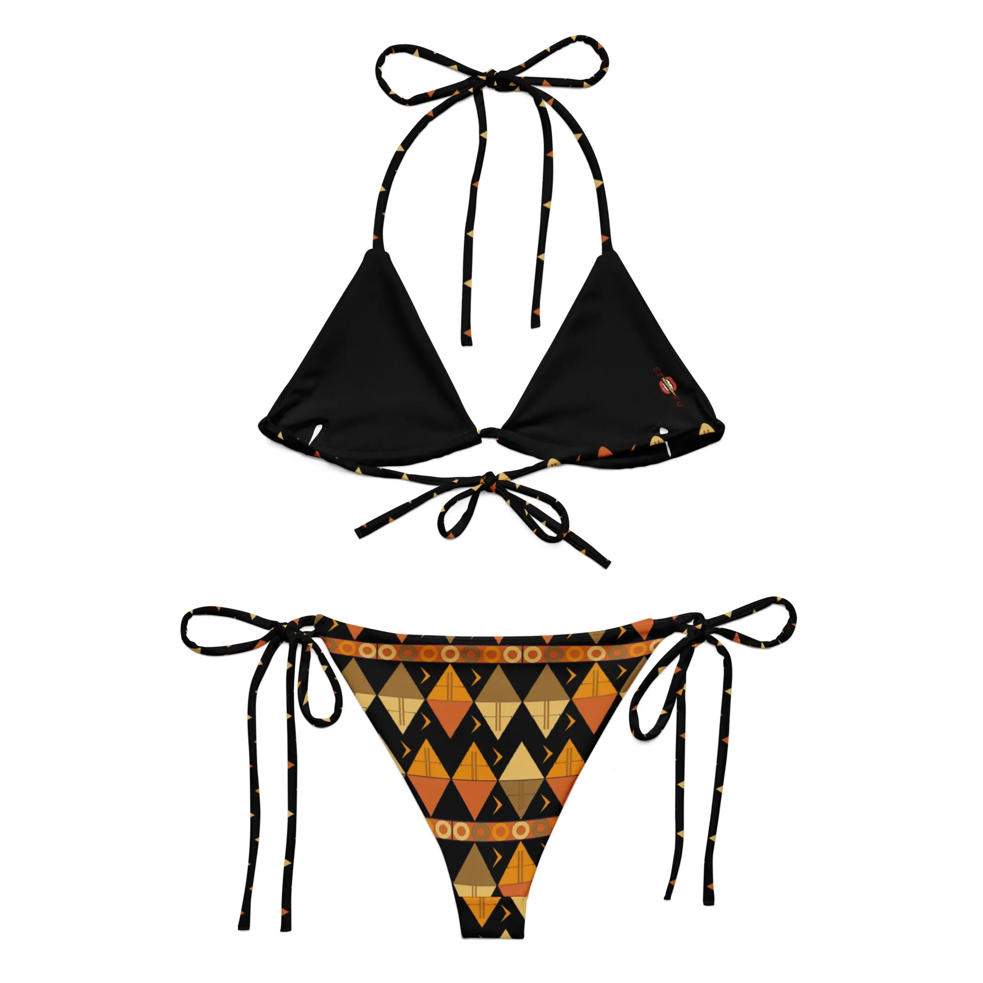 African Tribal Print Recycled String Bikini - Earthy