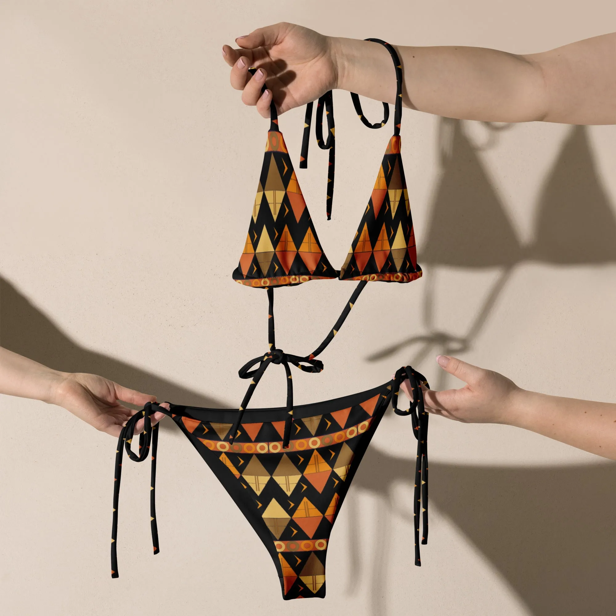 African Tribal Print Recycled String Bikini - Earthy