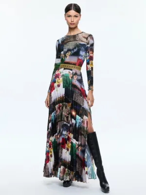 Alice   Olivia - Ivey Long Sleeve Fitted Sunburst Pleat Maxi Dress - Eco Fusion