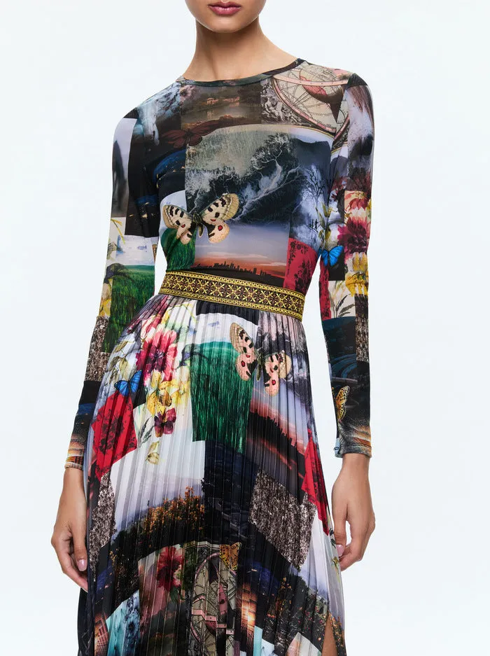 Alice   Olivia - Ivey Long Sleeve Fitted Sunburst Pleat Maxi Dress - Eco Fusion