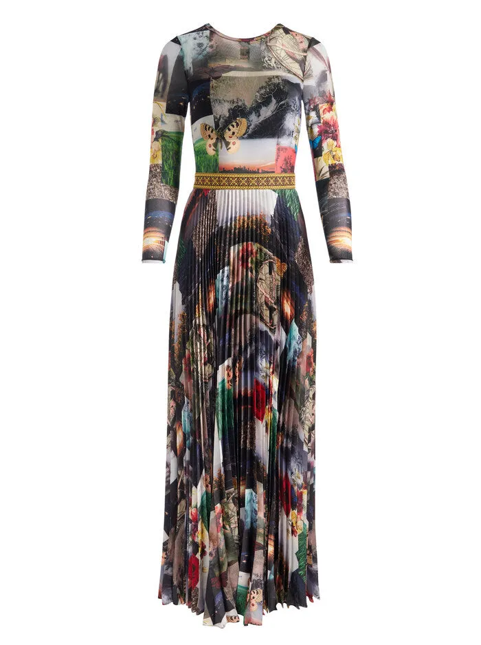 Alice   Olivia - Ivey Long Sleeve Fitted Sunburst Pleat Maxi Dress - Eco Fusion