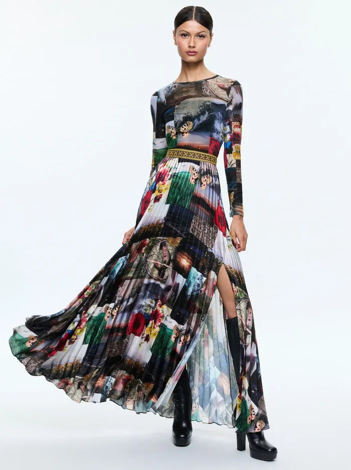 Alice   Olivia - Ivey Long Sleeve Fitted Sunburst Pleat Maxi Dress - Eco Fusion