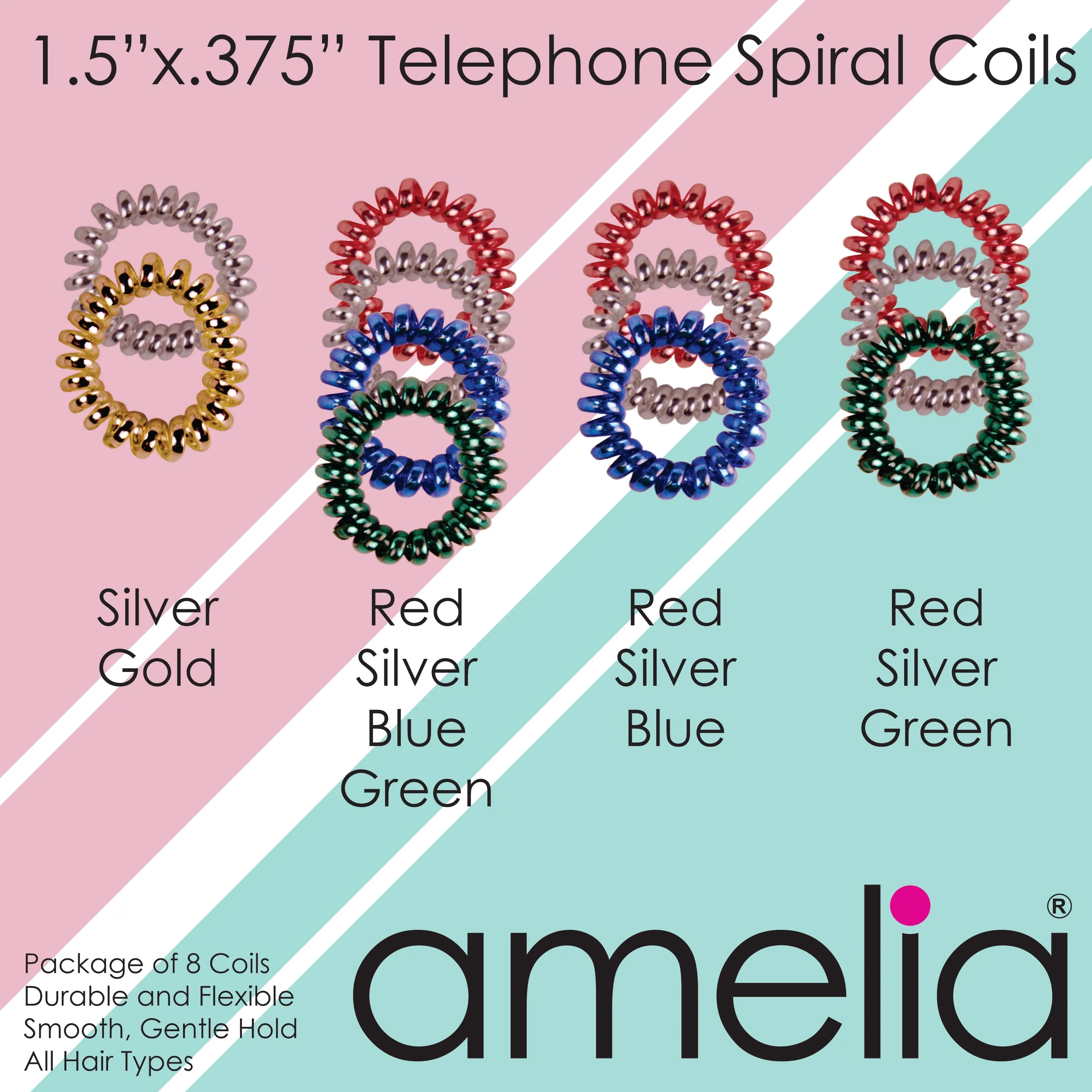 Amelia Beauty, 8 Small Shinny Elastic Hair Telephone Cord Coils, 1.5in Diameter Spiral Hair Ties, Strong Hold, Gentle on Hair, Blue