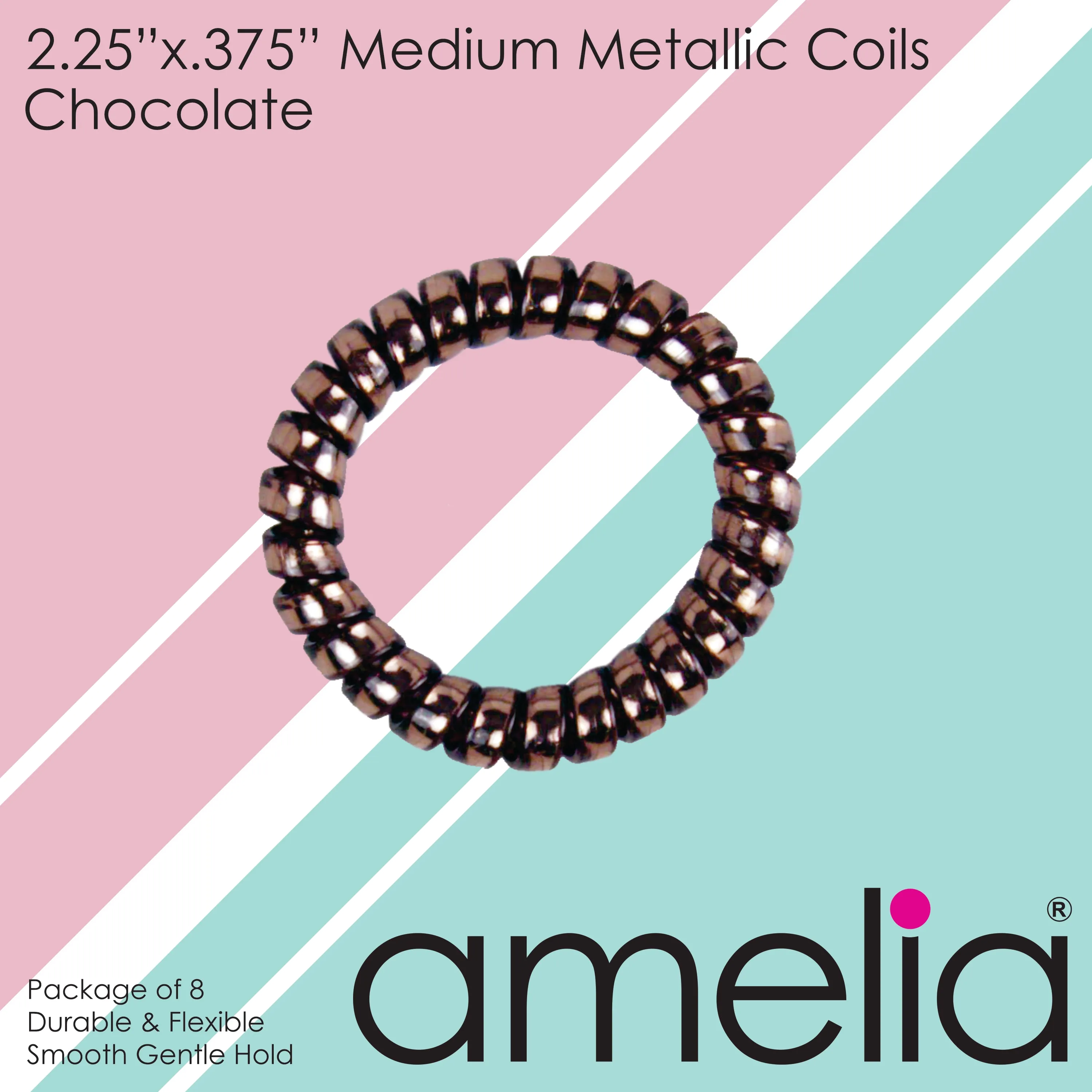 Amelia Beauty Products 8 Medium Smooth Elastic Hair Coils, 2.25in Diameter Spiral Hair Ties, Gentle on Hair, Strong Hold and Minimizes Dents and Creases, Chocolate