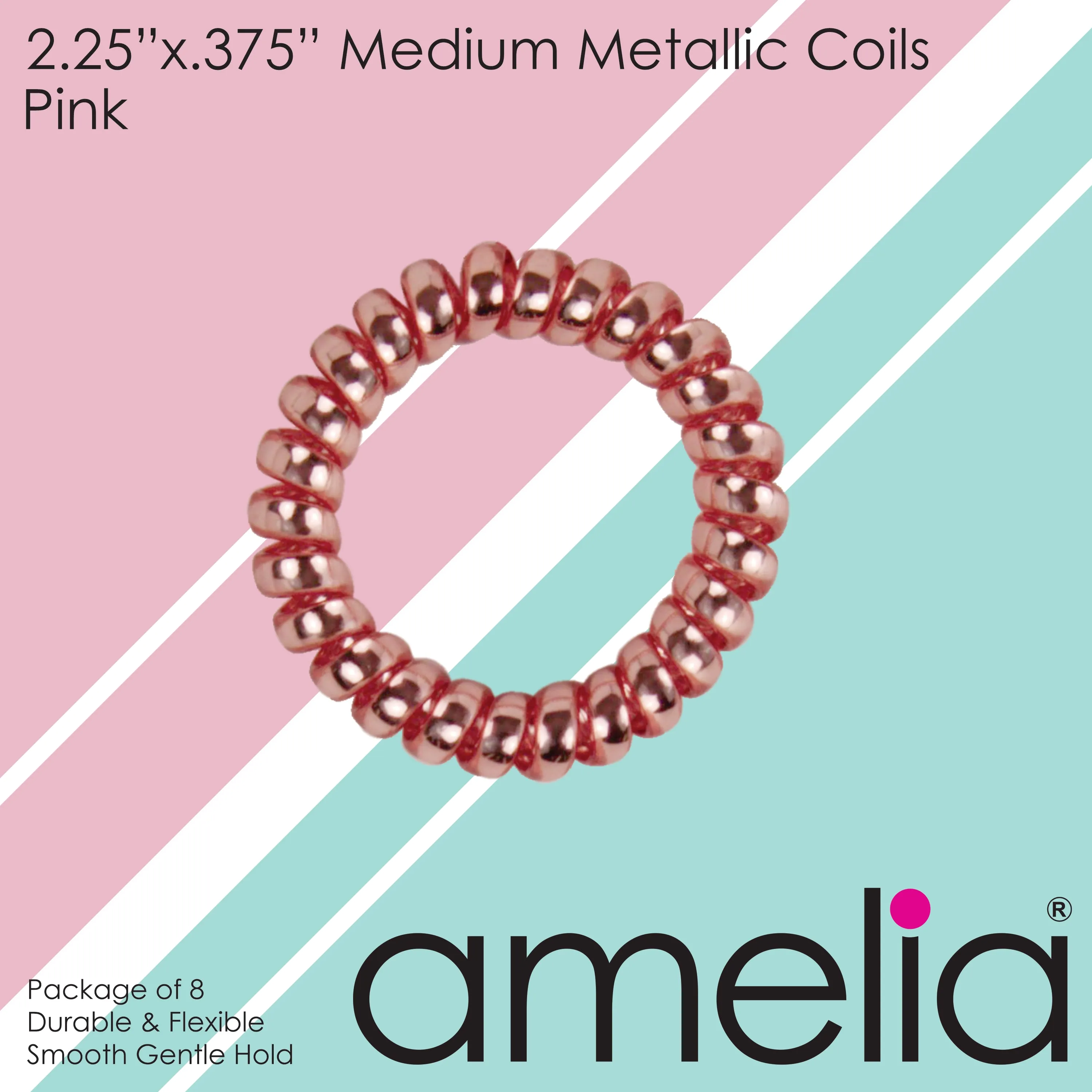 Amelia Beauty Products 8 Medium Smooth Elastic Hair Coils, 2.25in Diameter Spiral Hair Ties, Gentle on Hair, Strong Hold and Minimizes Dents and Creases, Pink
