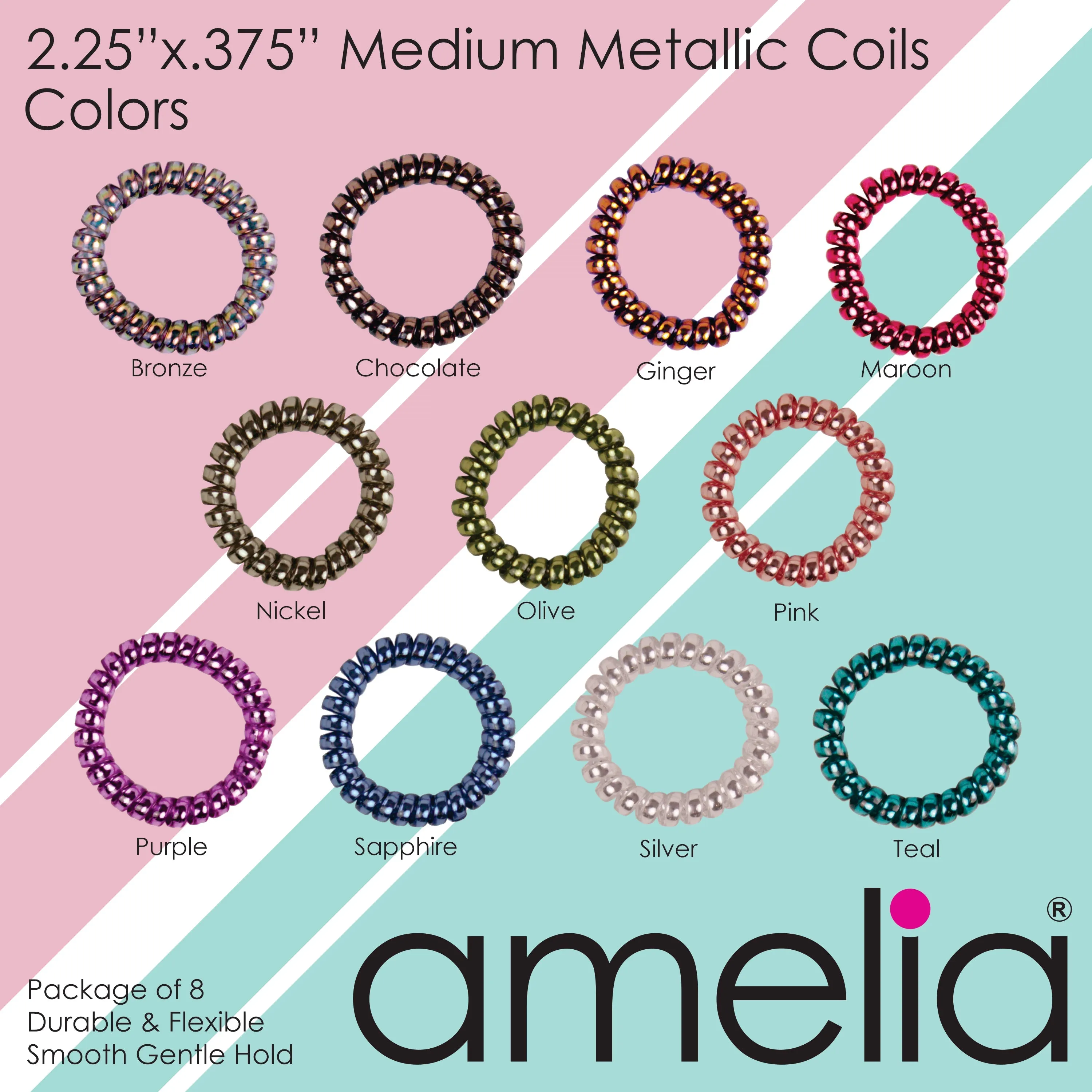 Amelia Beauty Products 8 Medium Smooth Elastic Hair Coils, 2.25in Diameter Spiral Hair Ties, Gentle on Hair, Strong Hold and Minimizes Dents and Creases, Pink