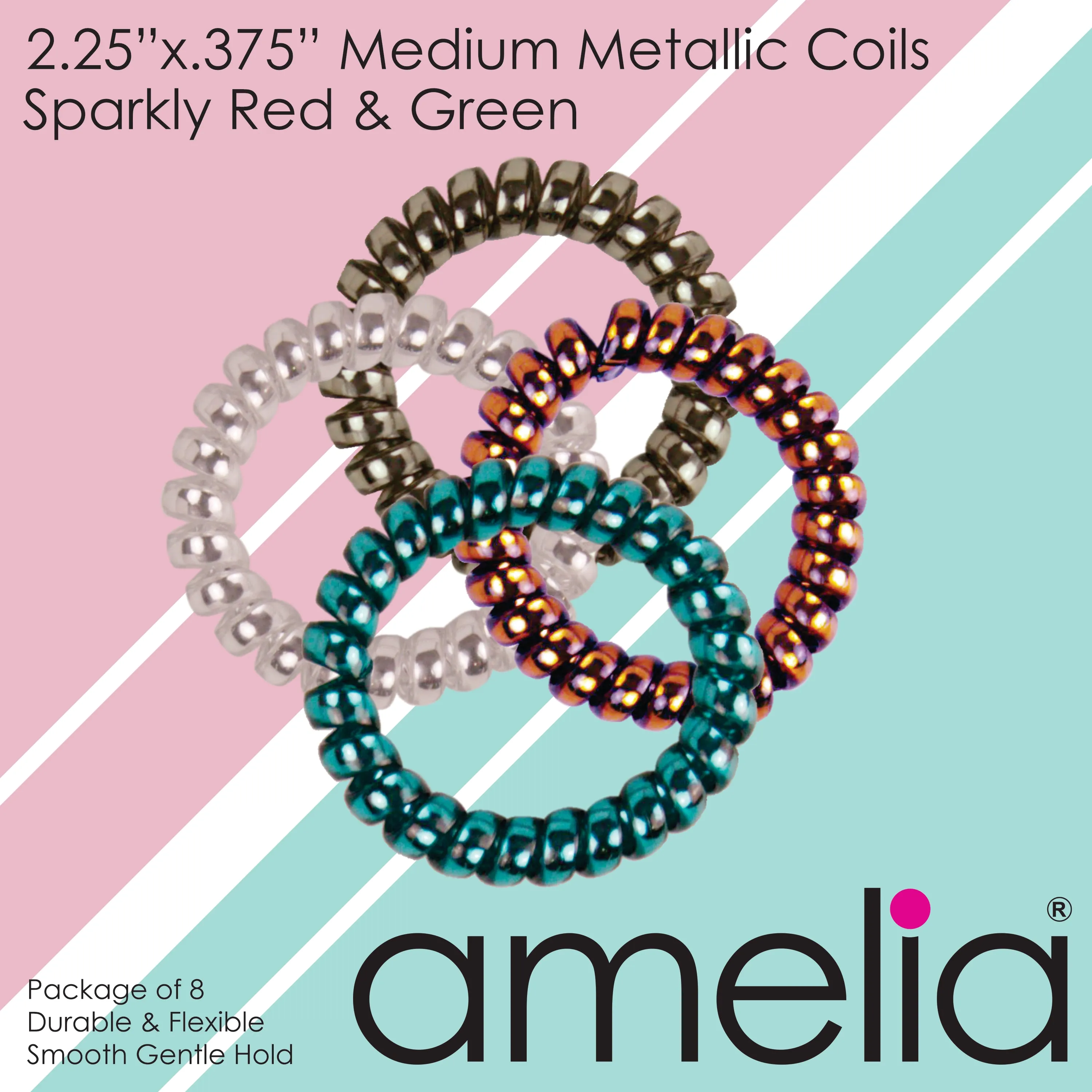 Amelia Beauty Products 8 Medium Smooth Elastic Hair Coils, 2.25in Diameter Spiral Hair Ties, Gentle on Hair, Strong Hold and Minimizes Dents and Creases, Sparkly Red and Green Mix