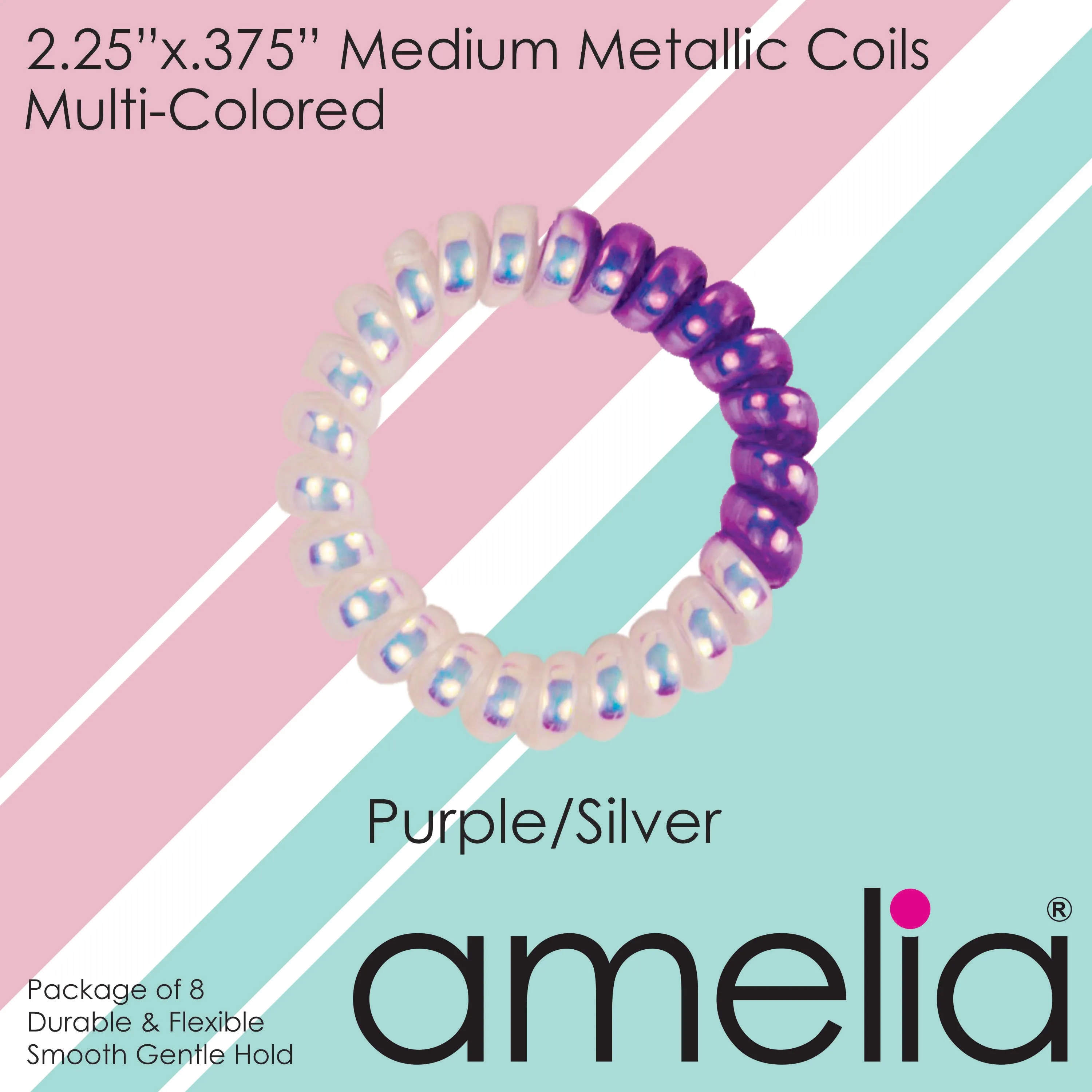 Amelia Beauty Products 8 Medium Smooth Elastic Mutli-Colored Hair Coils, 2.25in Diameter Spiral Hair Ties, Gentle Yet Strong Hold and Minimizes Dents, Purple/Silver