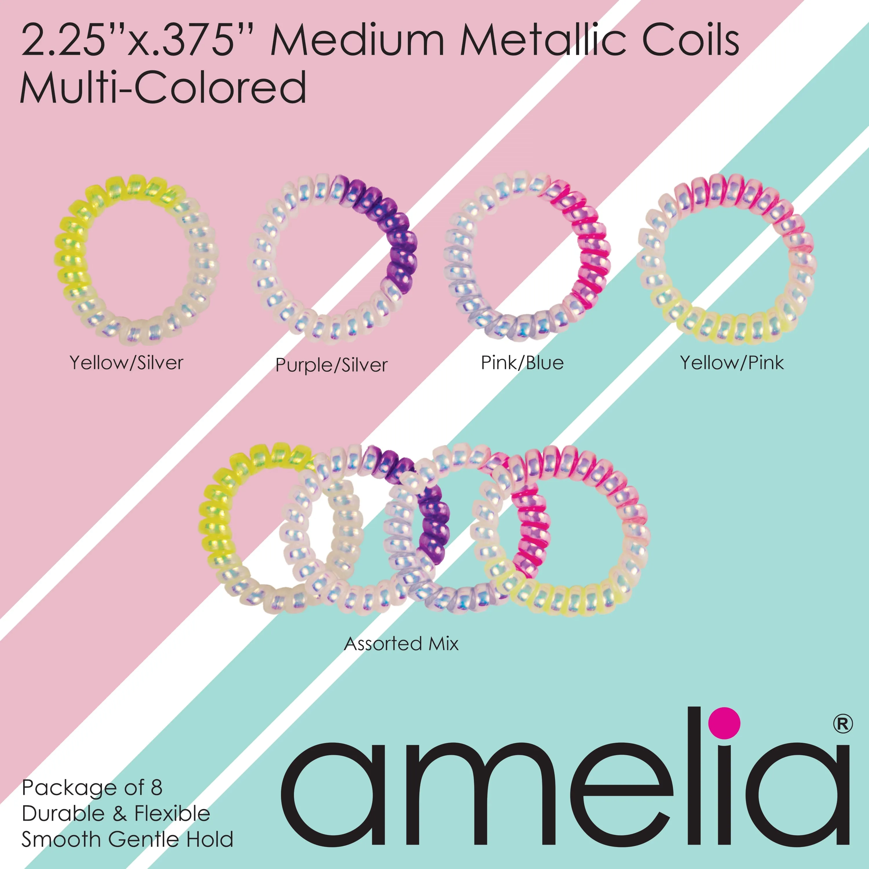 Amelia Beauty Products 8 Medium Smooth Elastic Mutli-Colored Hair Coils, 2.25in Diameter Spiral Hair Ties, Gentle Yet Strong Hold and Minimizes Dents, Yellow/Pink