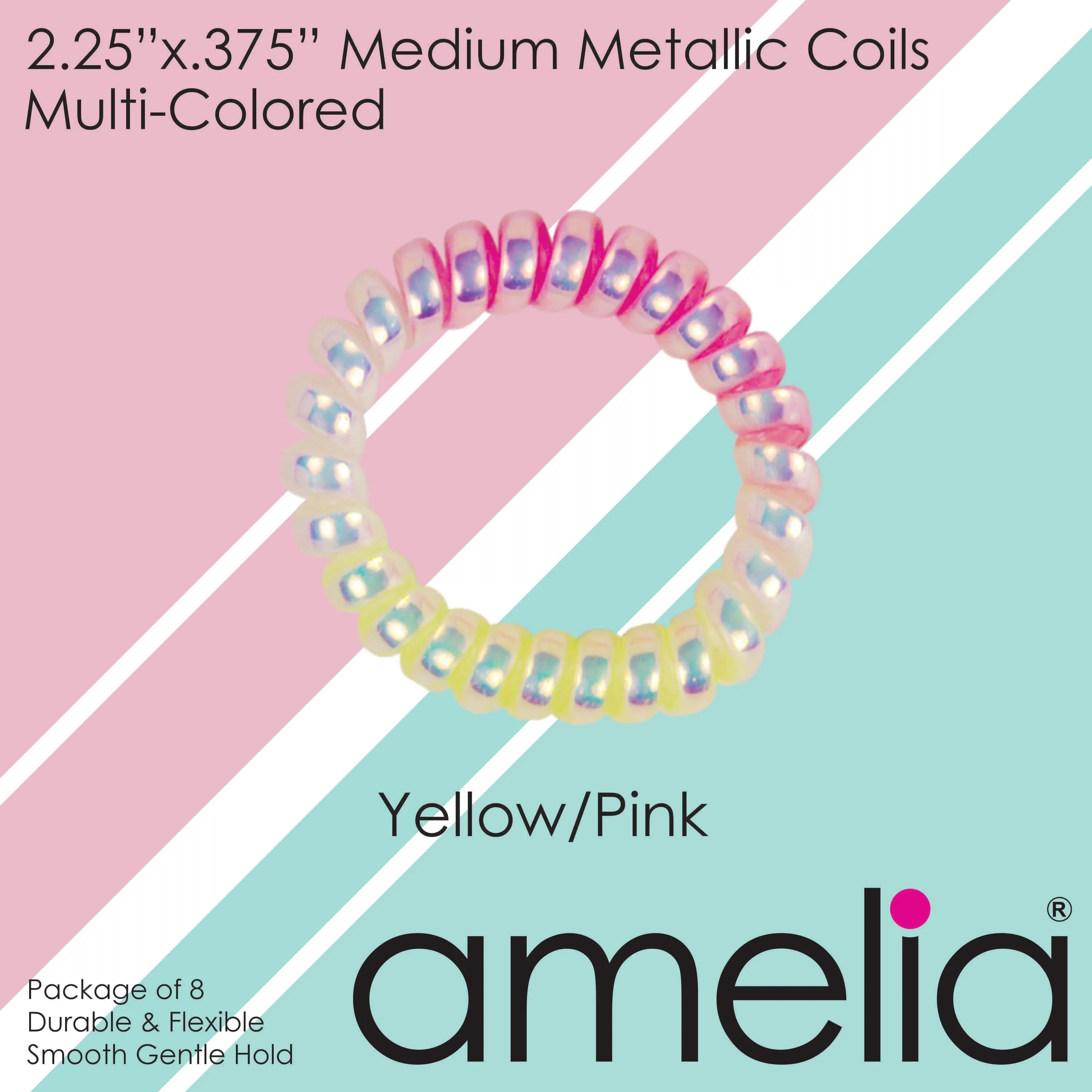 Amelia Beauty Products 8 Medium Smooth Elastic Mutli-Colored Hair Coils, 2.25in Diameter Spiral Hair Ties, Gentle Yet Strong Hold and Minimizes Dents, Yellow/Pink