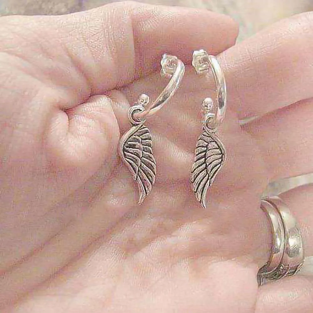 ANGEL Wing Sterling Hoop Earrings, Hoop Drop