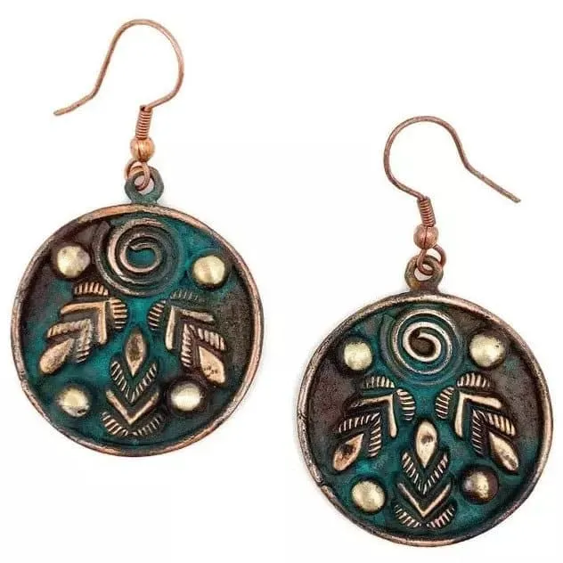 Anju Copper Patina Earrings - Three Leaves and Spiral Teal Circle