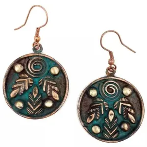 Anju Copper Patina Earrings - Three Leaves and Spiral Teal Circle