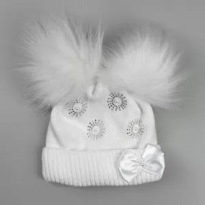 Baby Girls White Double Fur Pom - Knitted Hat - Razzle Dazzle