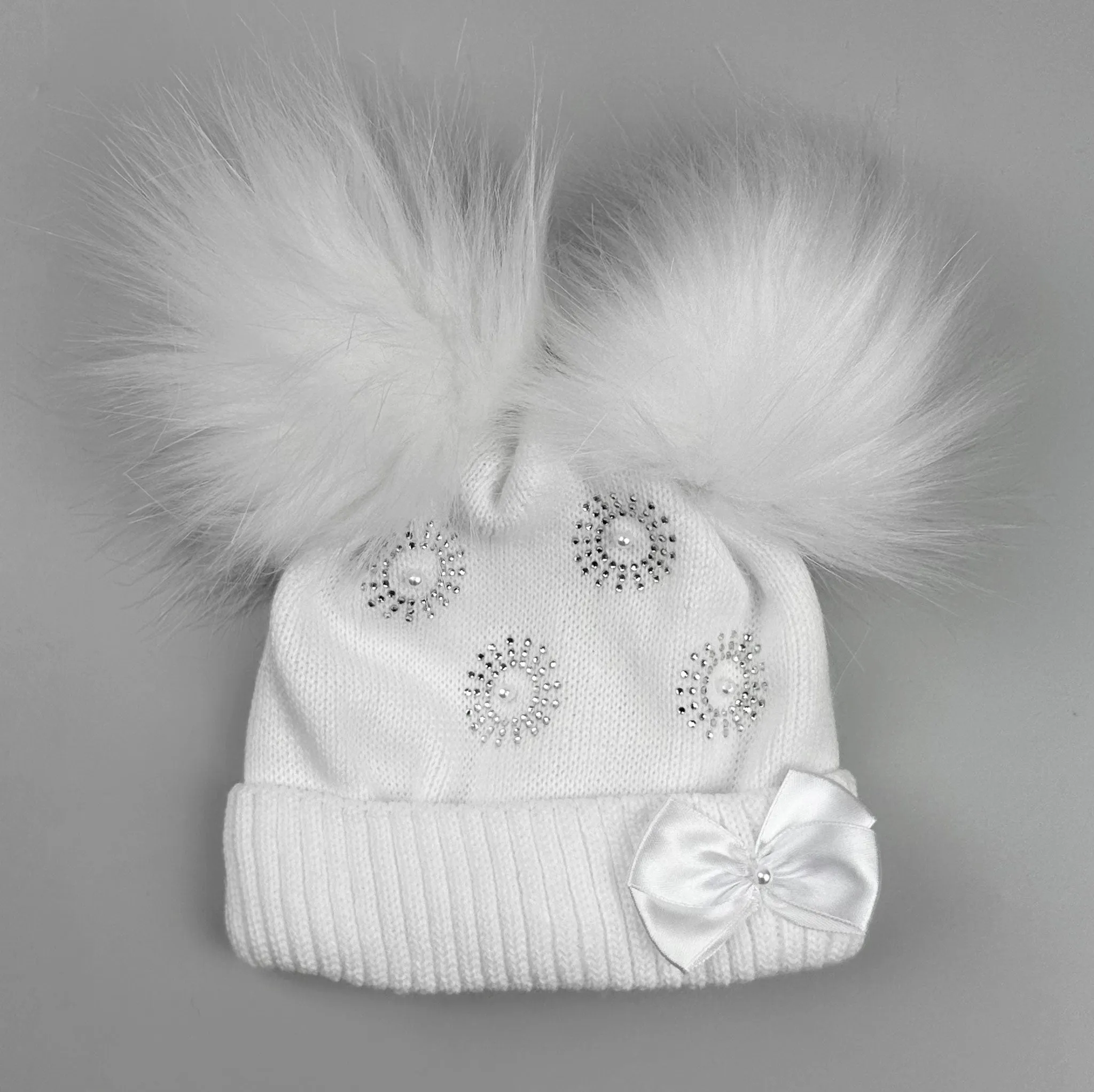 Baby Girls White Double Fur Pom - Knitted Hat - Razzle Dazzle