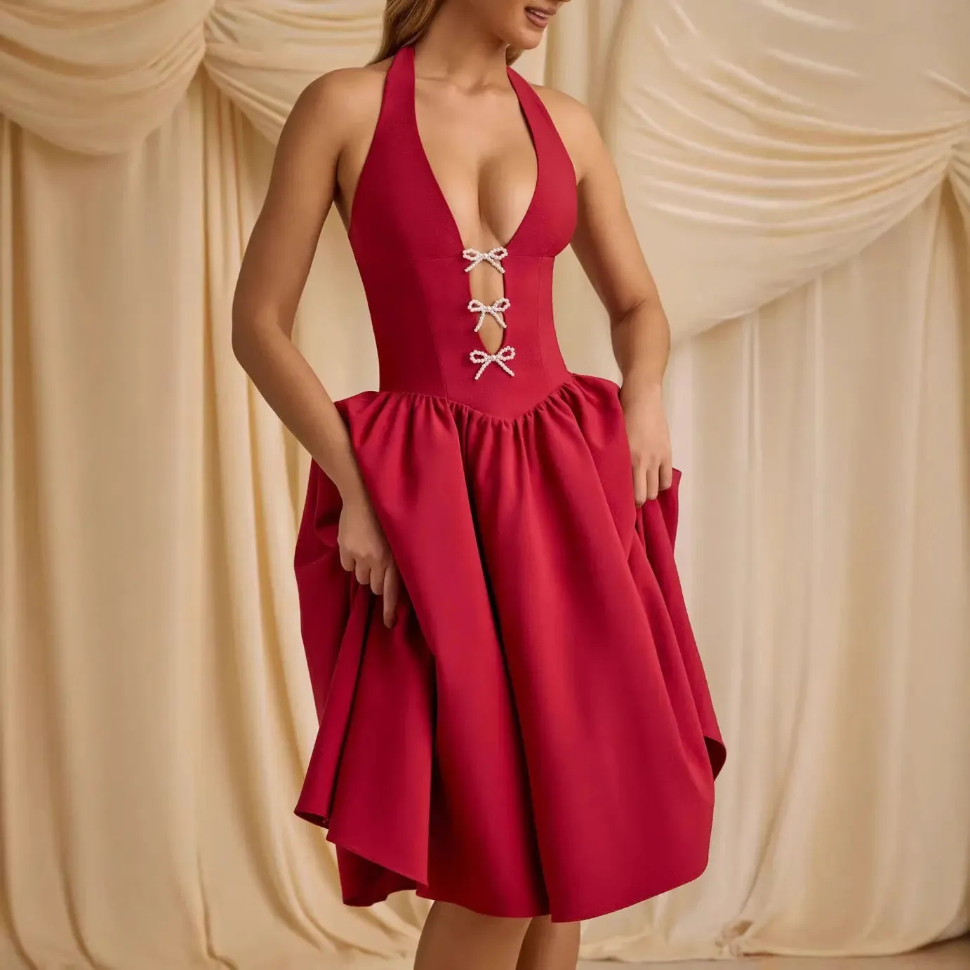 Backless Halter Dress - Womens Deep V-neck Bow Dress