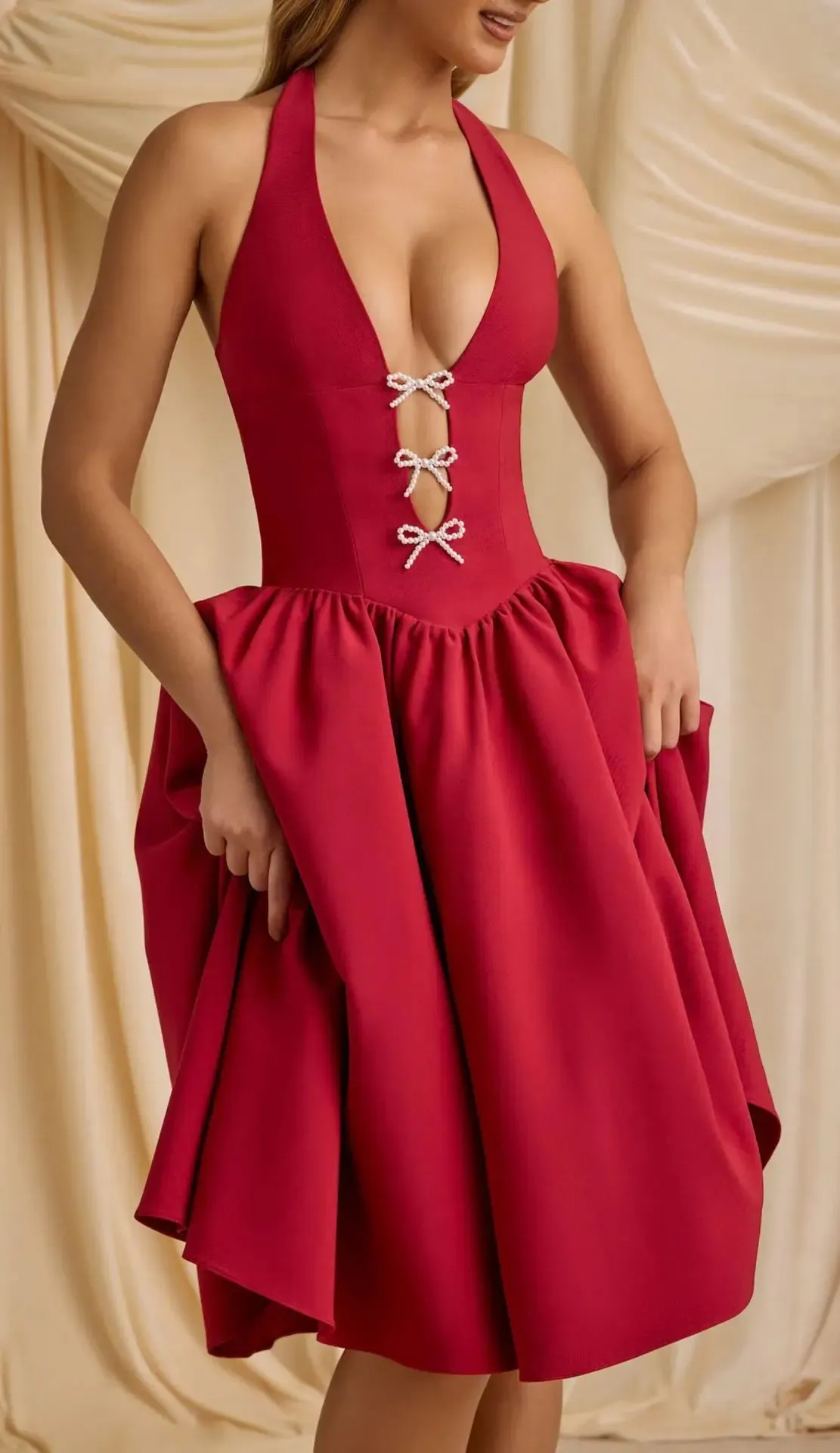 Backless Halter Dress - Womens Deep V-neck Bow Dress