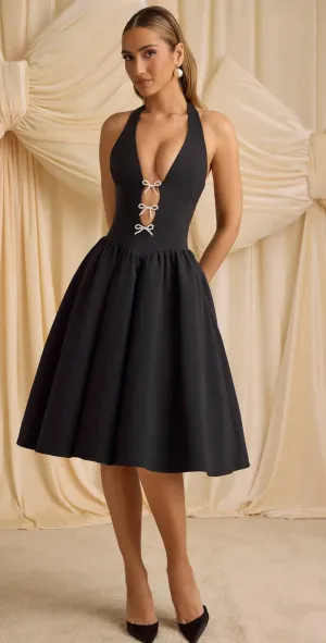 Backless Halter Dress - Womens Deep V-neck Bow Dress