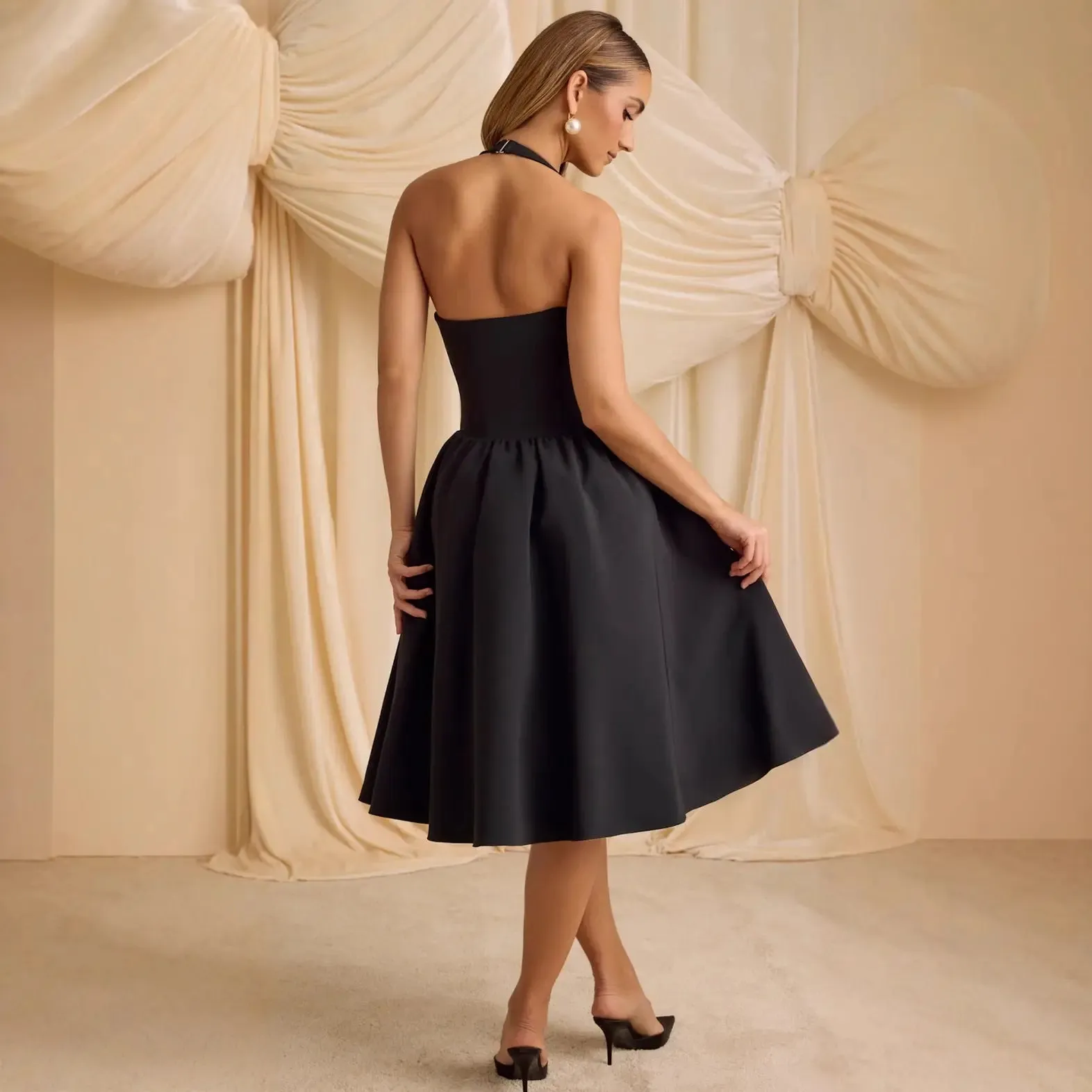 Backless Halter Dress - Womens Deep V-neck Bow Dress