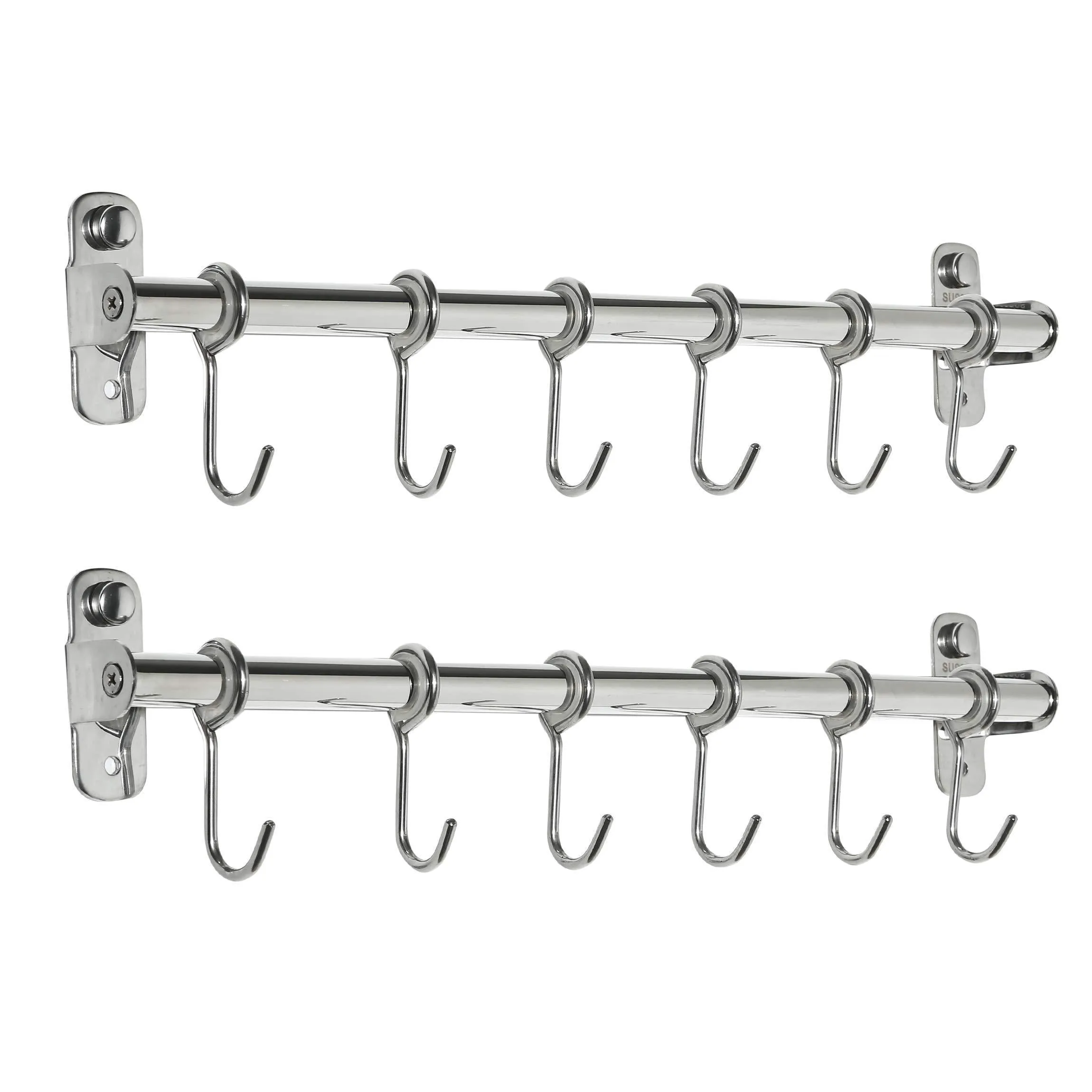 BAOEF Kitchen Sliding Hooks, Solid Stainless Steel Hanging Rack Rail with 12 Utensil Removable S Hooks for Towel, Pot Pan, Spoon, Loofah, Bathrobe, Wall Mounted