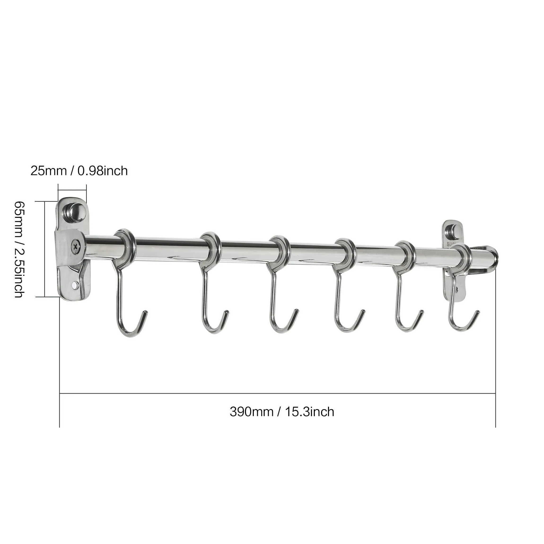 BAOEF Kitchen Sliding Hooks, Solid Stainless Steel Hanging Rack Rail with 12 Utensil Removable S Hooks for Towel, Pot Pan, Spoon, Loofah, Bathrobe, Wall Mounted