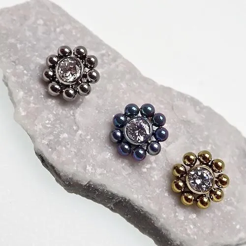 Beaded CZ Flower & Ball Belly Bar 14g
