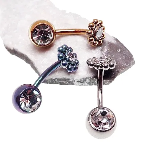 Beaded CZ Flower & Ball Belly Bar 14g
