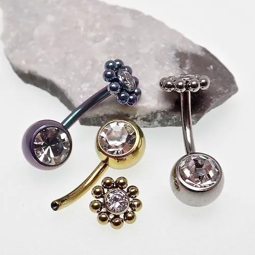 Beaded CZ Flower & Ball Belly Bar 14g