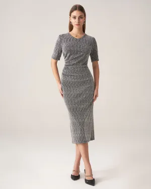 Bettydress-Silver V Neck Ruched Midi Dress