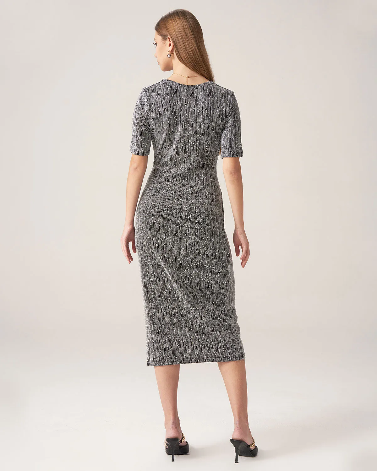 Bettydress-Silver V Neck Ruched Midi Dress