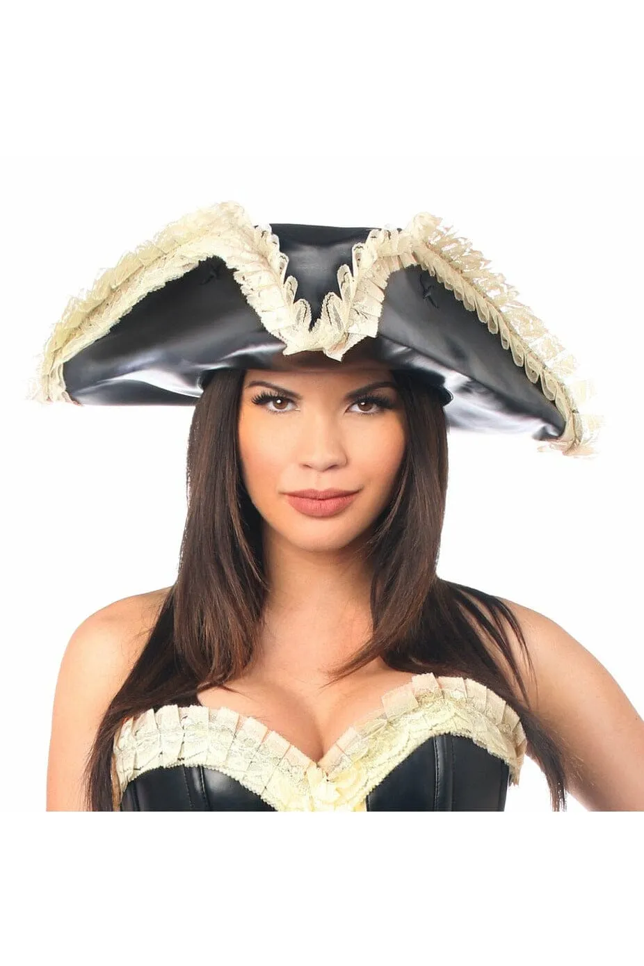 Black Faux Leather w/Cream Lace Pirate Hat