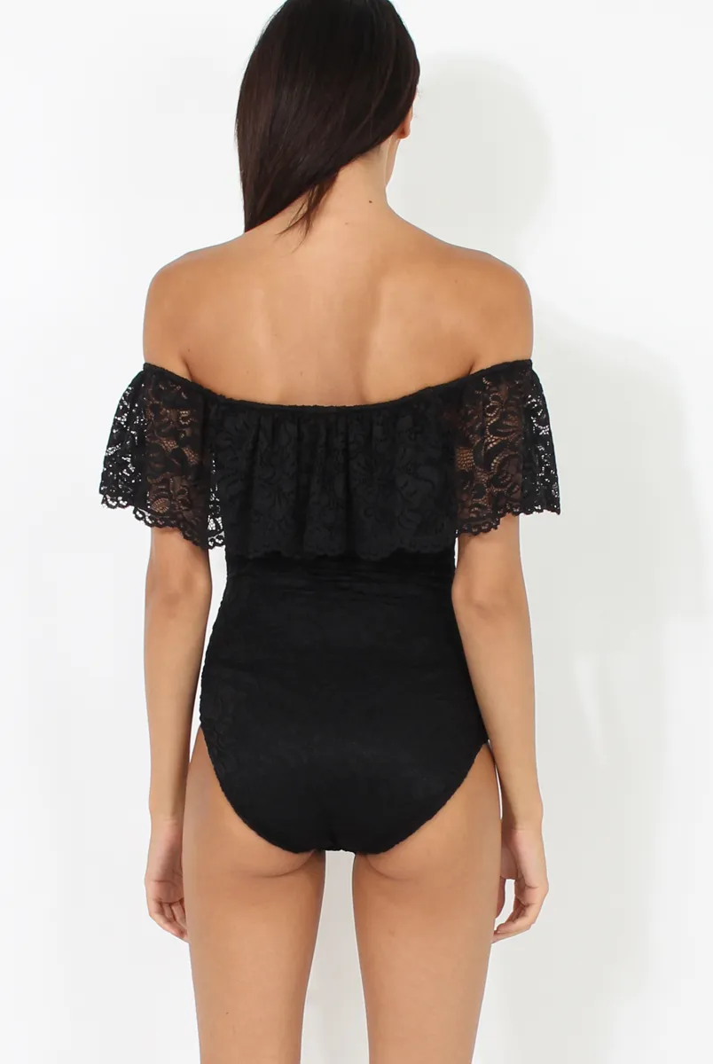 Black Lace Frill Bardot Bodysuit - Tonika