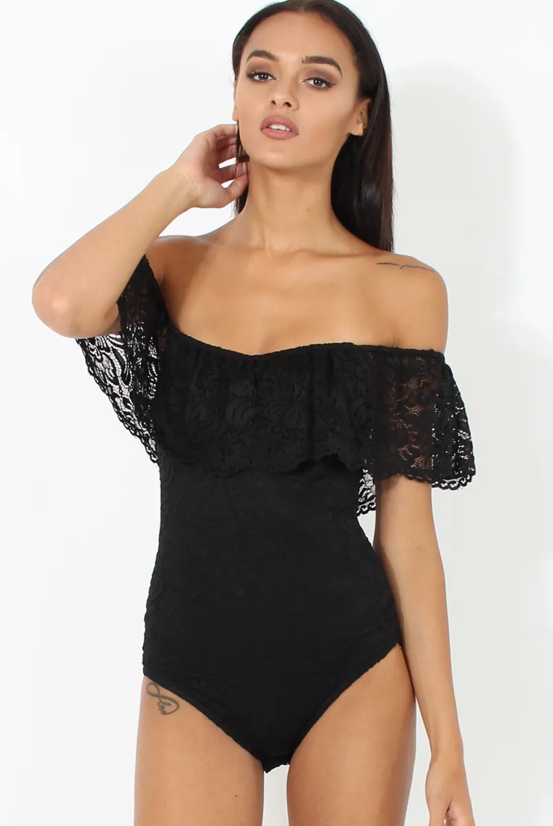 Black Lace Frill Bardot Bodysuit - Tonika