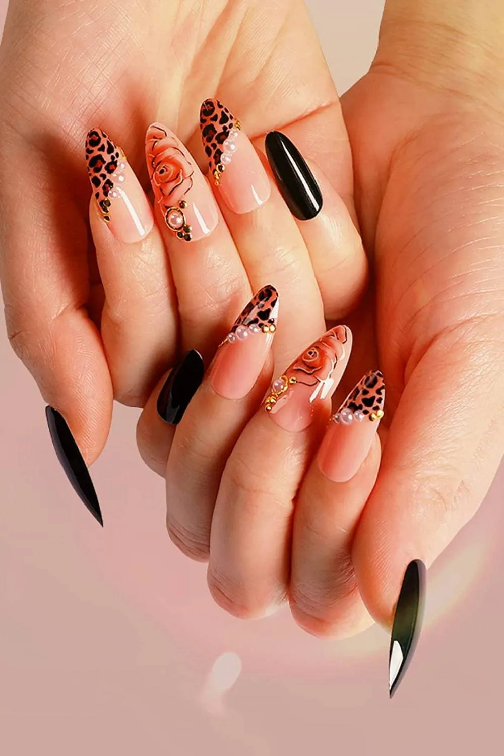 Black Leopard Print & Pearls French Tip Stiletto Press On Nails
