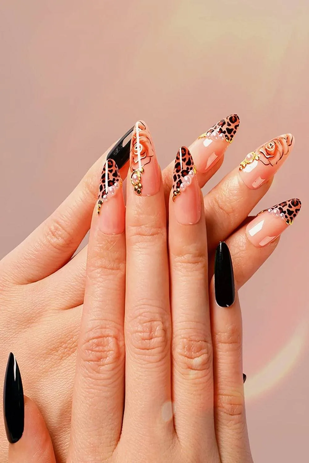 Black Leopard Print & Pearls French Tip Stiletto Press On Nails