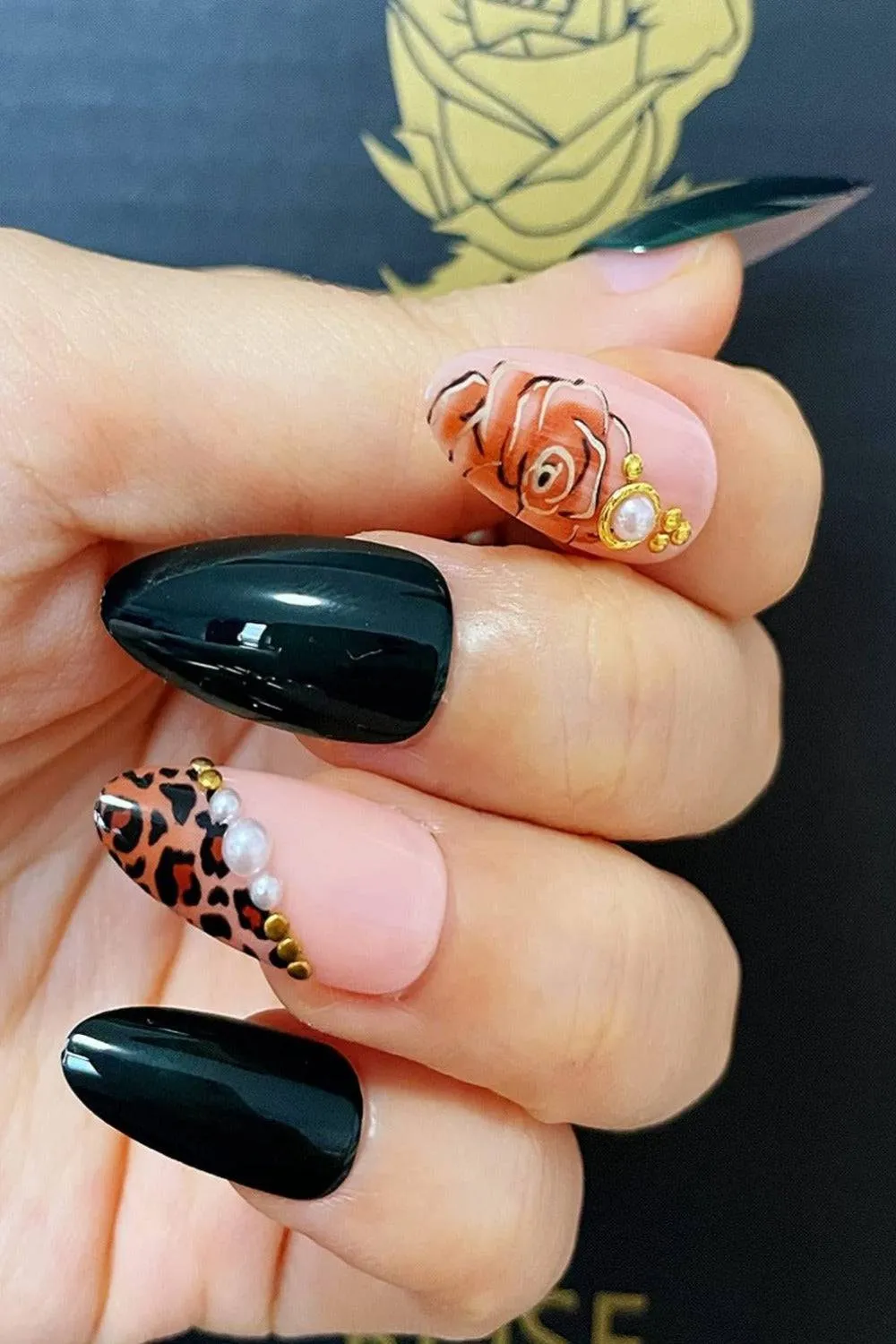 Black Leopard Print & Pearls French Tip Stiletto Press On Nails