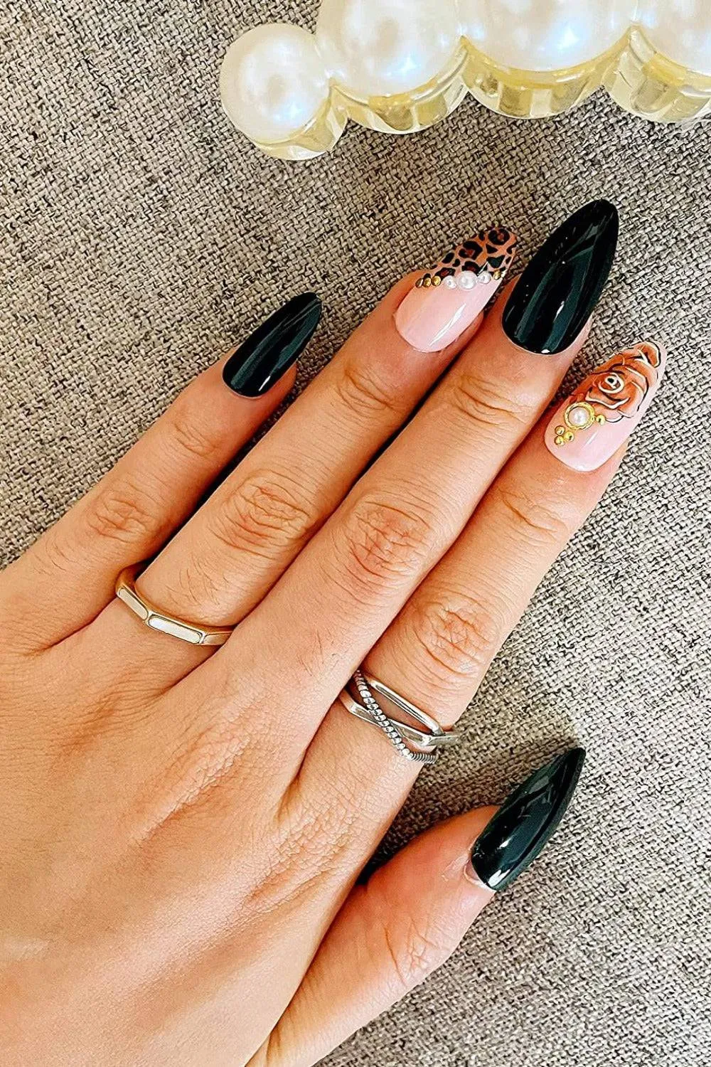 Black Leopard Print & Pearls French Tip Stiletto Press On Nails