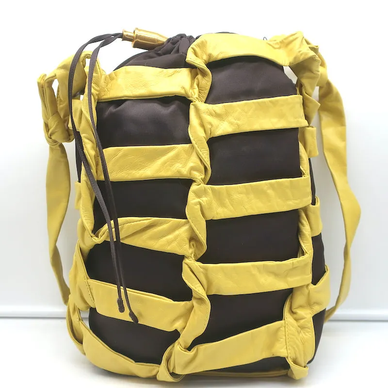 Bottega Veneta BV Tape Bucket Bag Mustard Leather & Brown Nylon Crossbody NEW