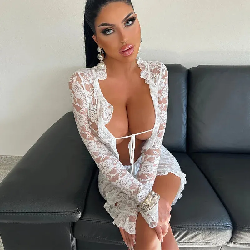 Boutique Fashion Lace Trim Sheer Tie Front Mini Dress Long Sleeve Fringe Outfit for Women Club Party Sexy Bodycon Dresses