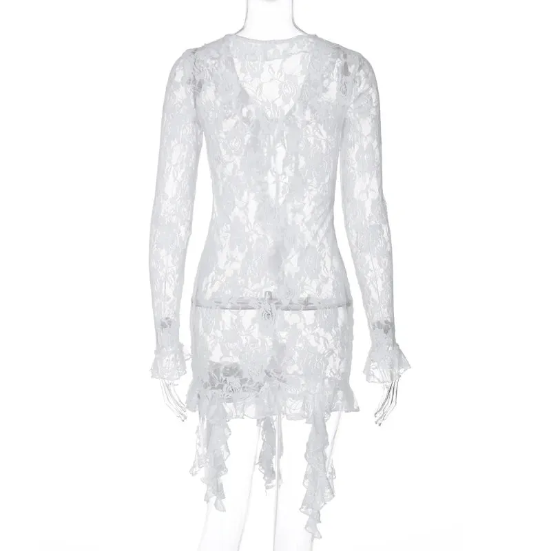 Boutique Fashion Lace Trim Sheer Tie Front Mini Dress Long Sleeve Fringe Outfit for Women Club Party Sexy Bodycon Dresses