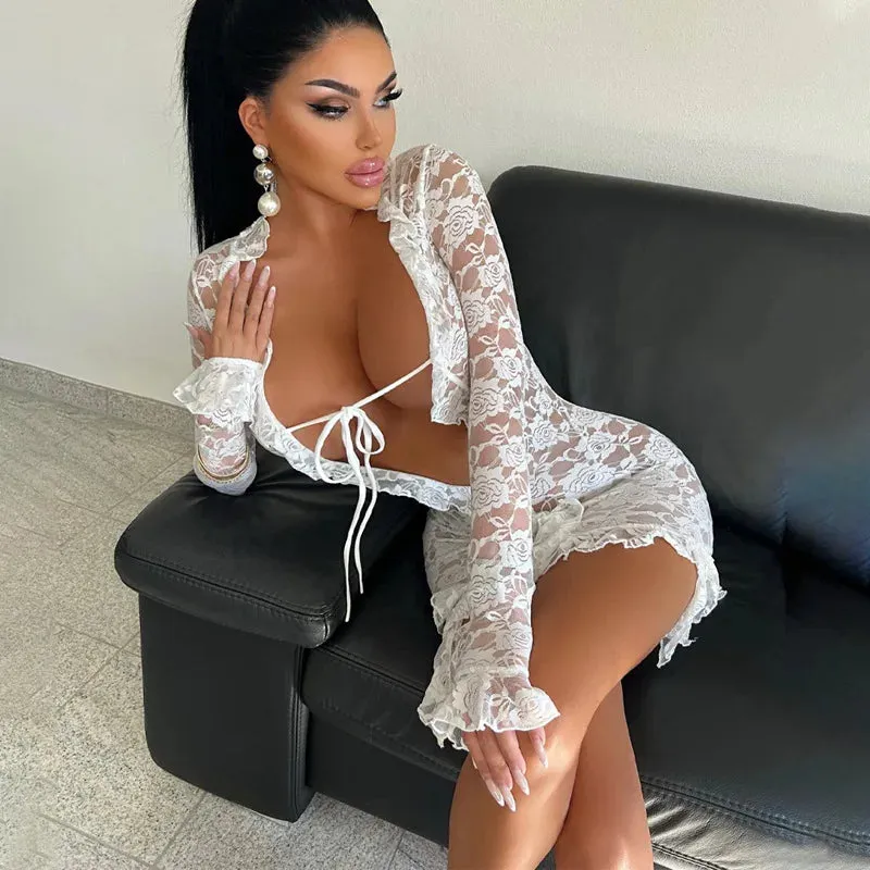 Boutique Fashion Lace Trim Sheer Tie Front Mini Dress Long Sleeve Fringe Outfit for Women Club Party Sexy Bodycon Dresses
