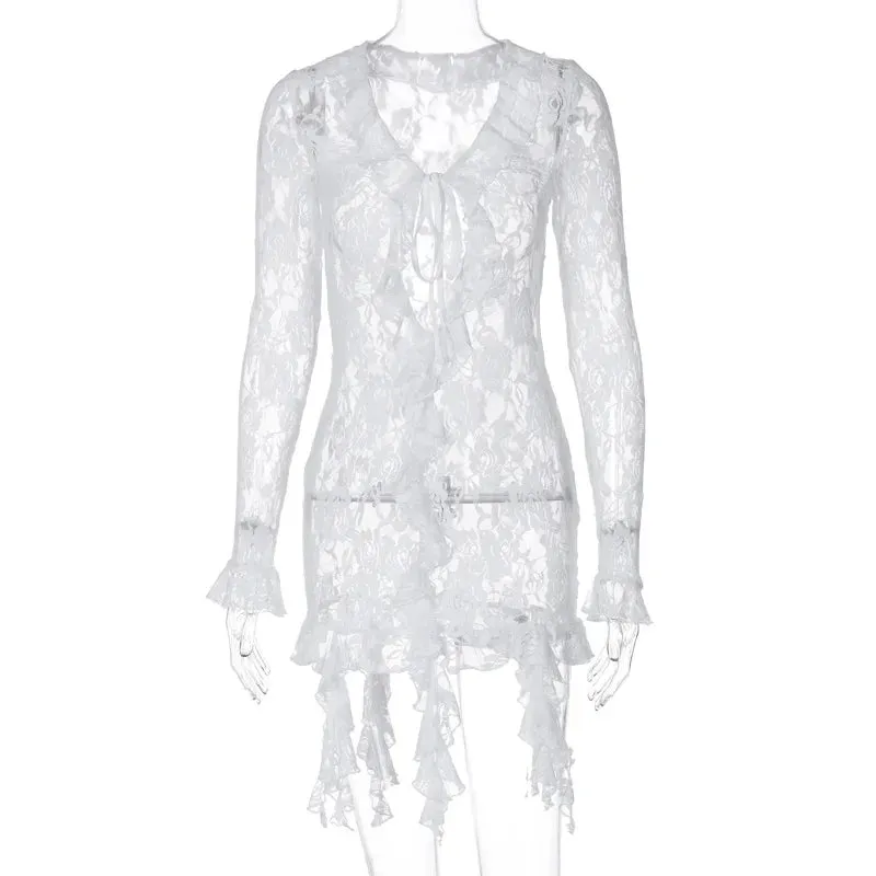 Boutique Fashion Lace Trim Sheer Tie Front Mini Dress Long Sleeve Fringe Outfit for Women Club Party Sexy Bodycon Dresses