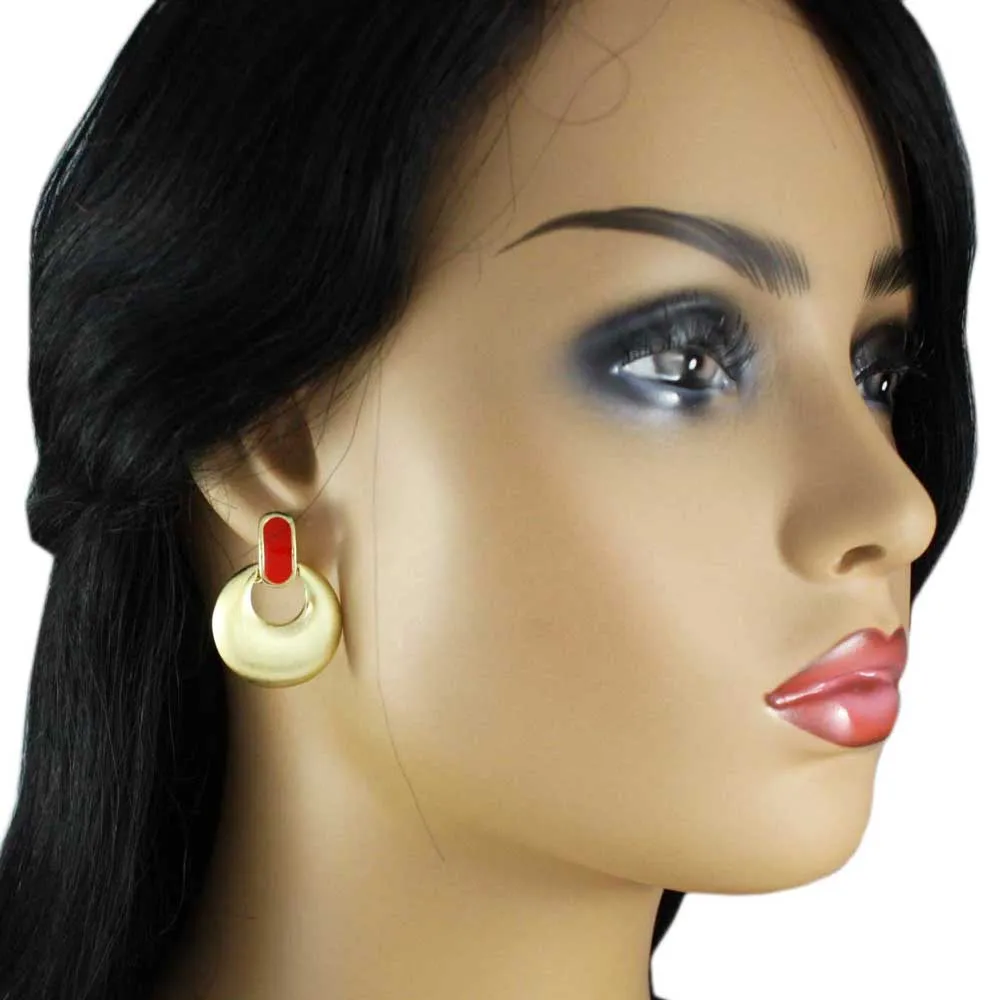 Brushed Gold with Red Enamel Doorknocker Clip Earring - MEC160RD