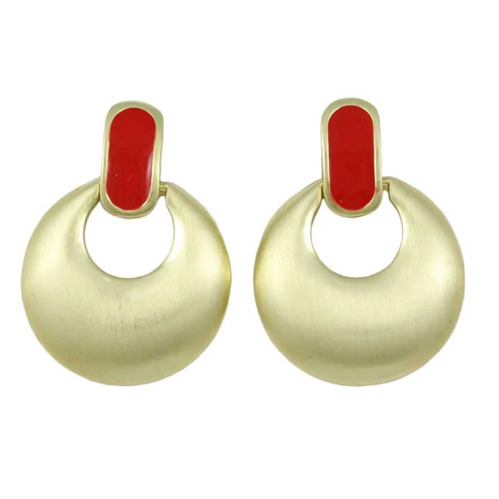Brushed Gold with Red Enamel Doorknocker Clip Earring - MEC160RD